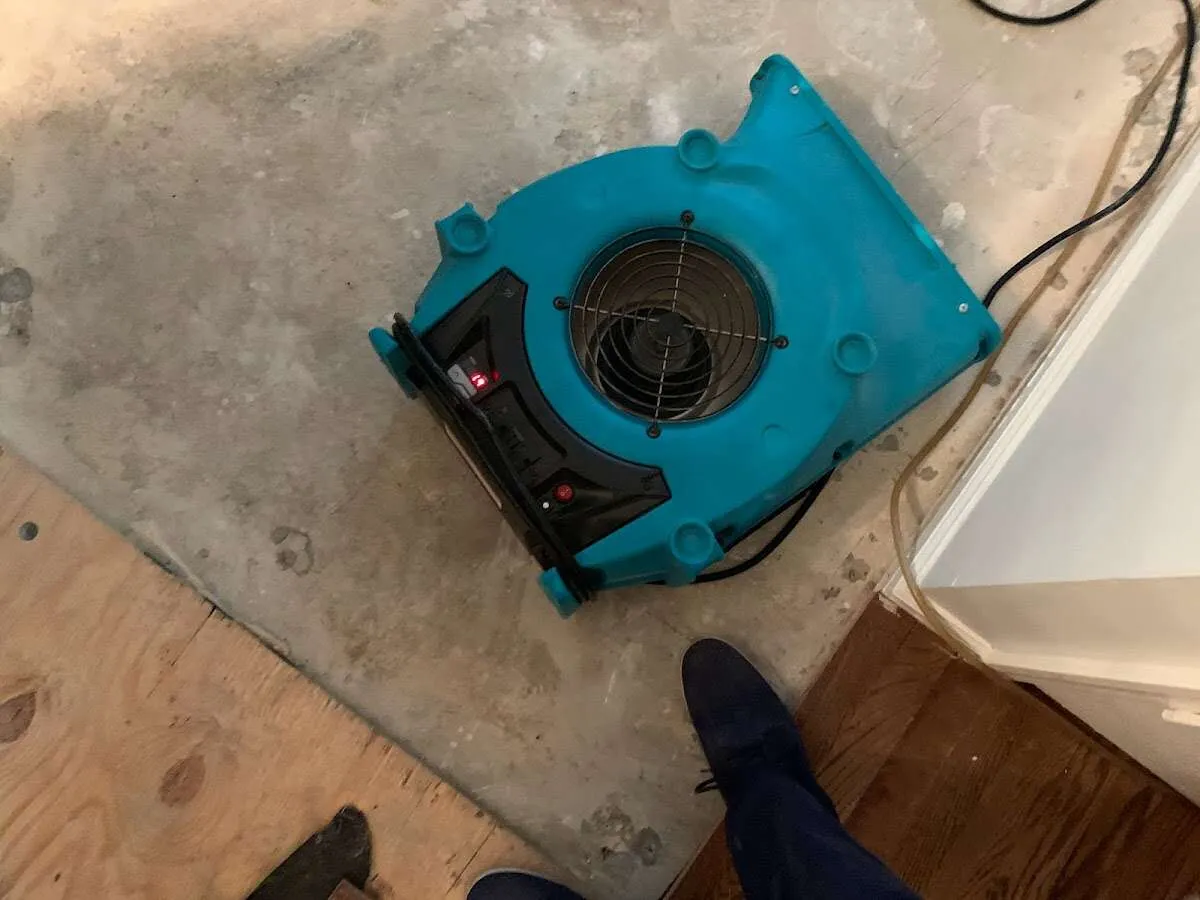 Air mover drying subfloor during Leak Detection & Repair in Conway